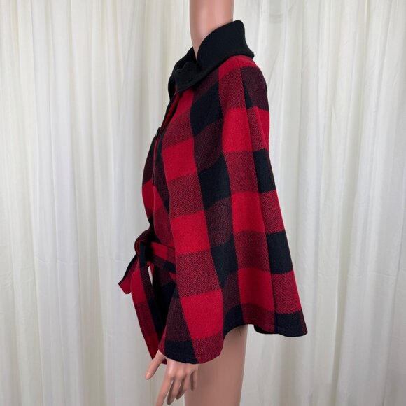 NWOT FUDA Plaid Wool Cape Poncho Shawl Coat Red Black Buffalo Size Large Y2K - Picture 10 of 12